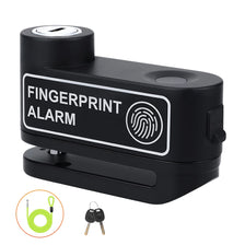 A black fingerprint alarm device is shown with a coiled wire and a pair of keys.