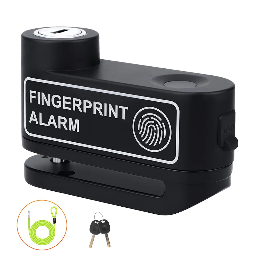 A black fingerprint alarm device is shown with a coiled wire and a pair of keys.