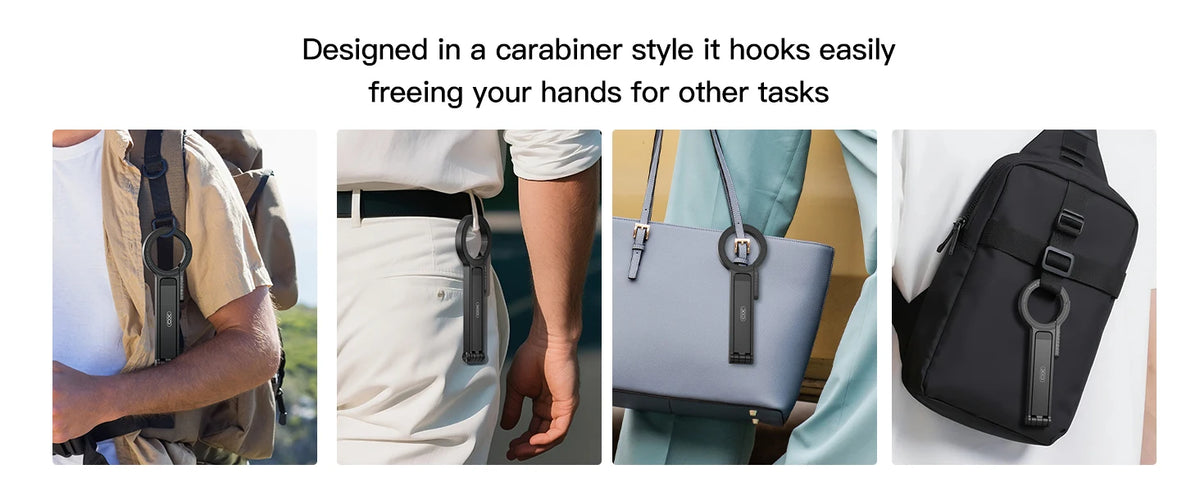 A black magnetic phone tripod with a carabiner clip shown in various contexts.