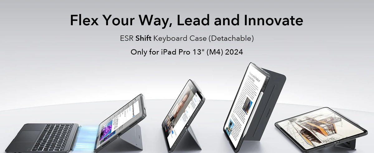 Estuche de teclado magnético desmontable negro para iPad Pro, mostrado desde varios ángulos.