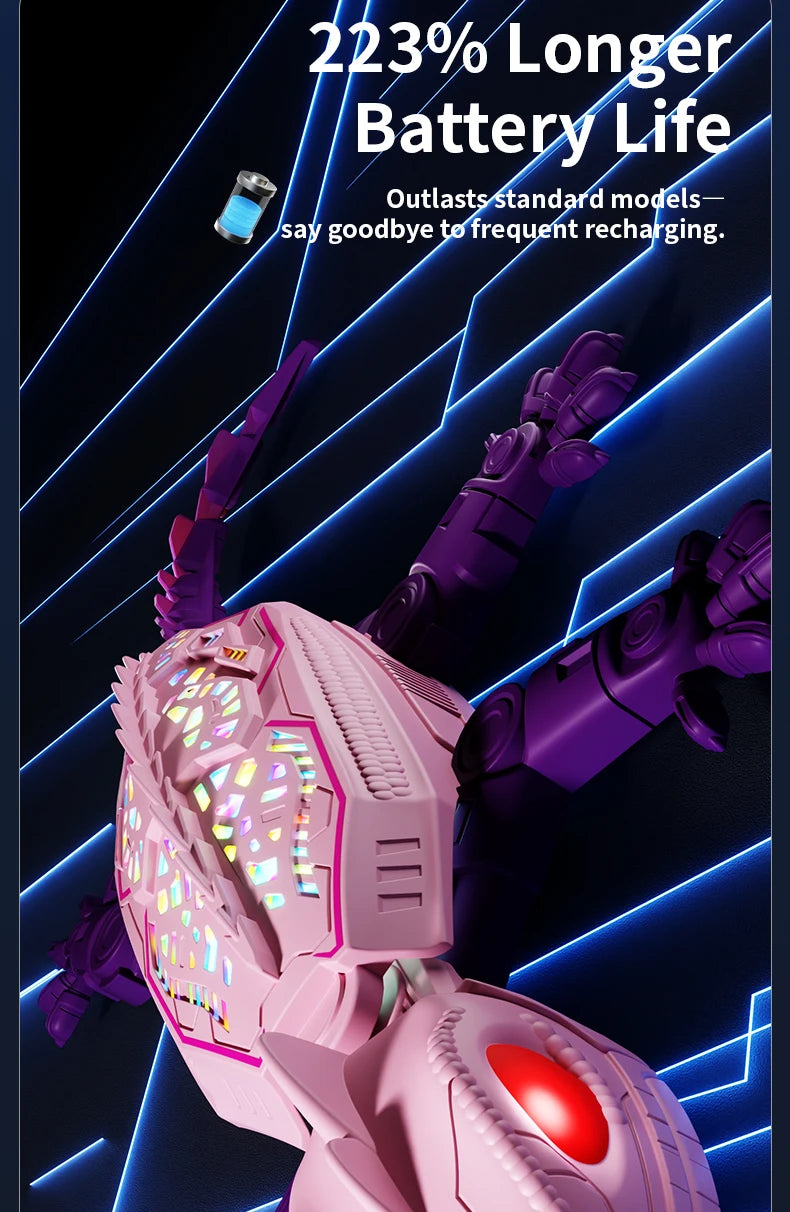 Pink remote control wall-climbing gecko toy with LED eyes and 360 rotation against a dark blue background.