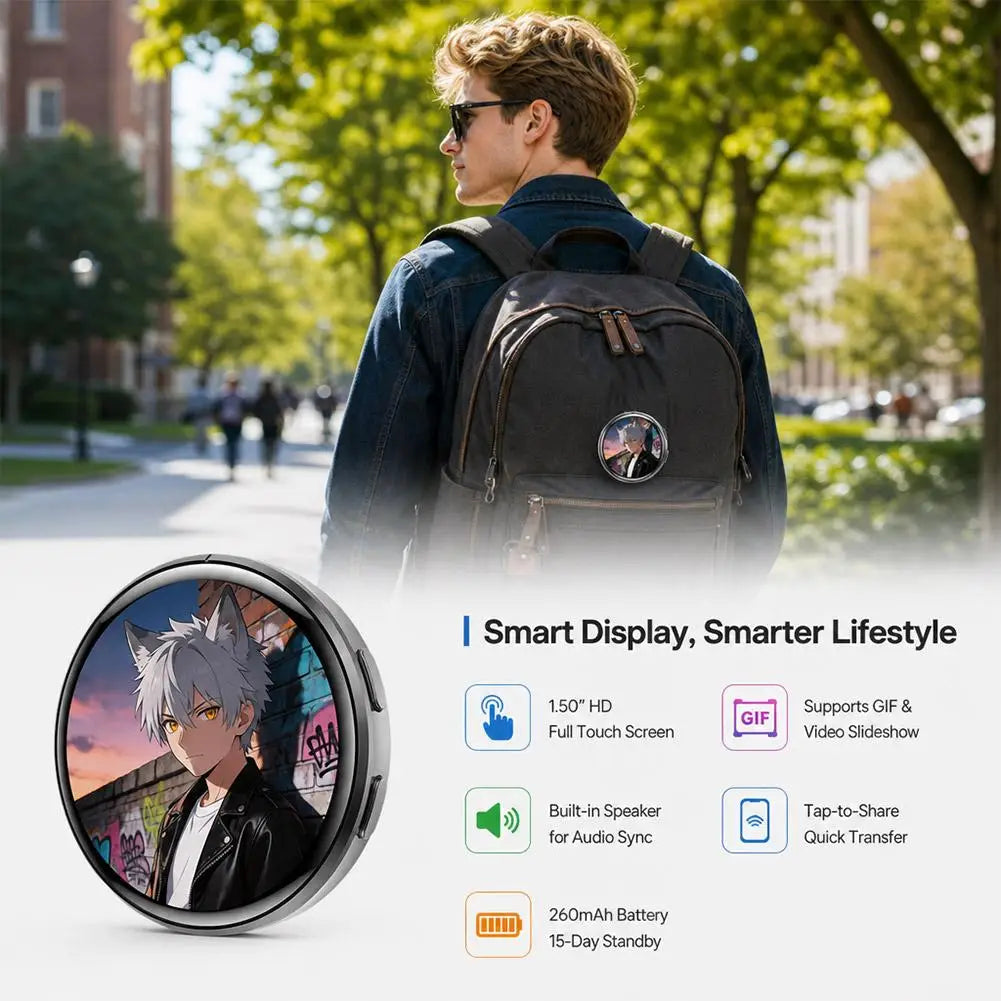 A person wearing a backpack stands outdoors, next to an anime digital badge with a touchscreen display.