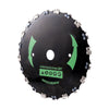 A circular, black alloy steel brush cutter blade with mounting bolts and green directional arrows.