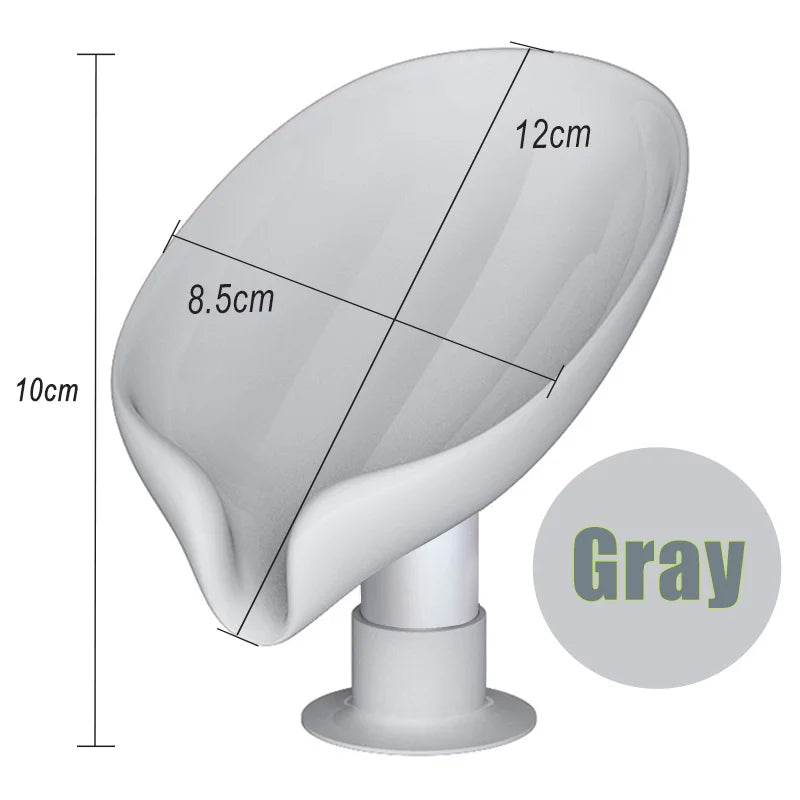 A gray leaf-shaped suction cup soap dish with a self-draining tray shown from the side.