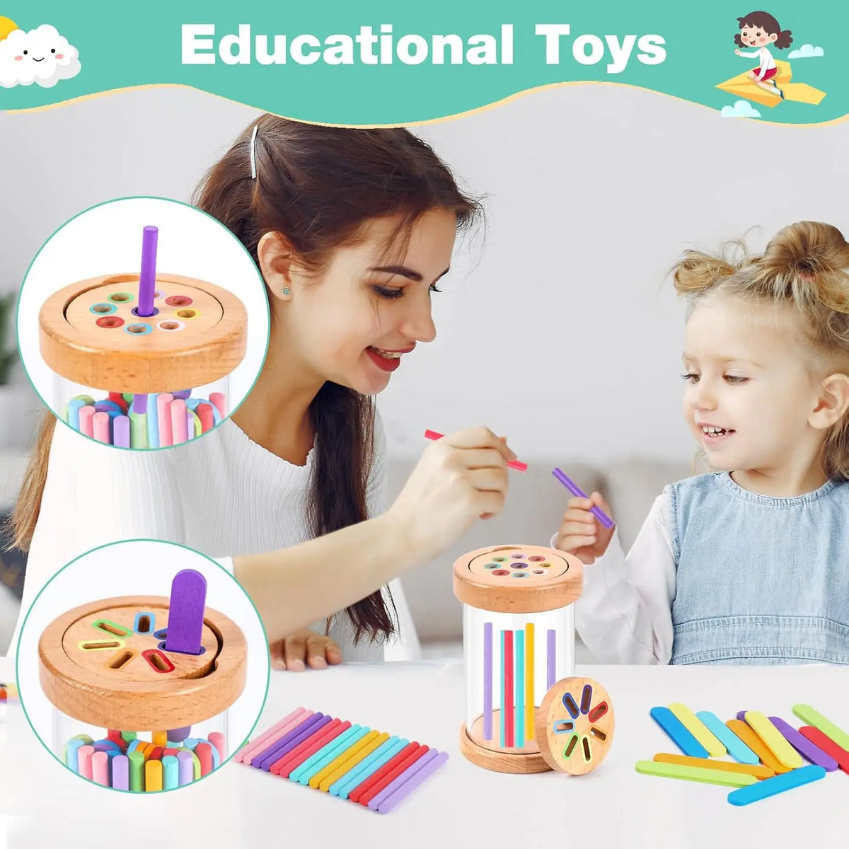 A woman is showing a wooden color sorting toy to a young girl, demonstrating fine motor skills for toddlers.