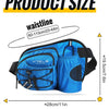 Blue waterproof sports fanny pack with adjustable straps and a bottle holder shown flat.