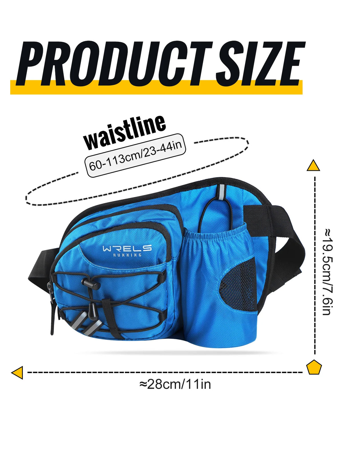 Blue waterproof sports fanny pack with adjustable straps and a bottle holder shown flat.