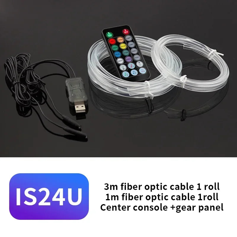 A set of fiber optic cables and a remote control for an RGB music-sync car interior LED light strip.
