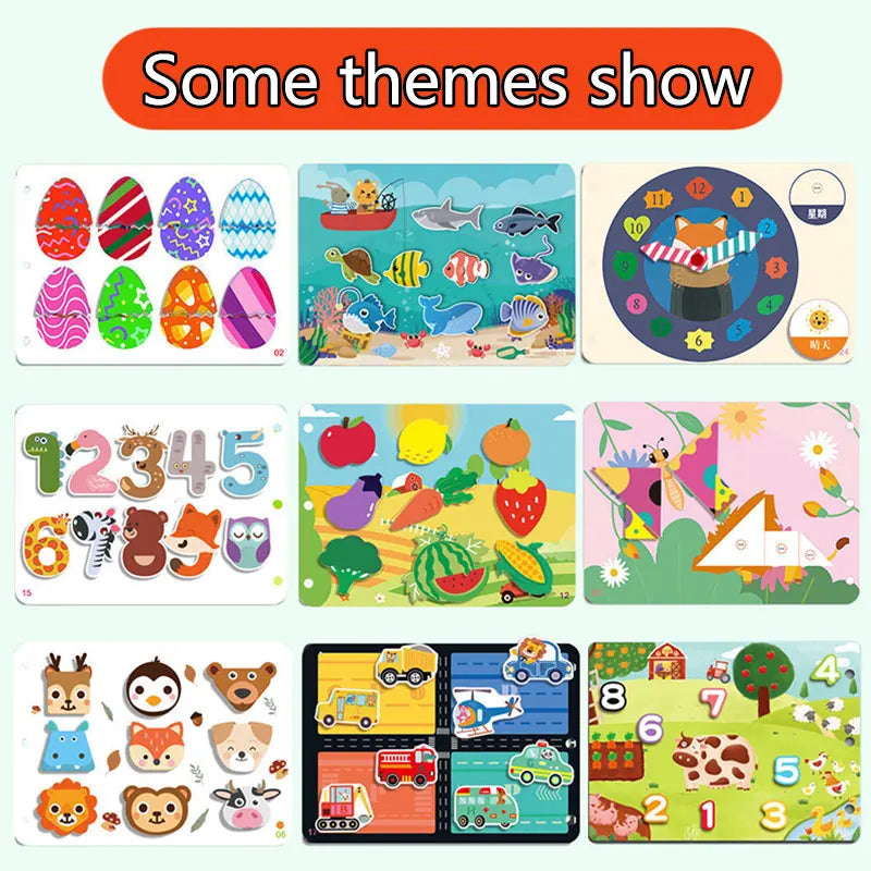 A set of Montessori busy books for toddlers featuring various themed activities and puzzles.
