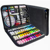 A black portable multi-function sewing kit containing various tools, needles, and colorful threads.