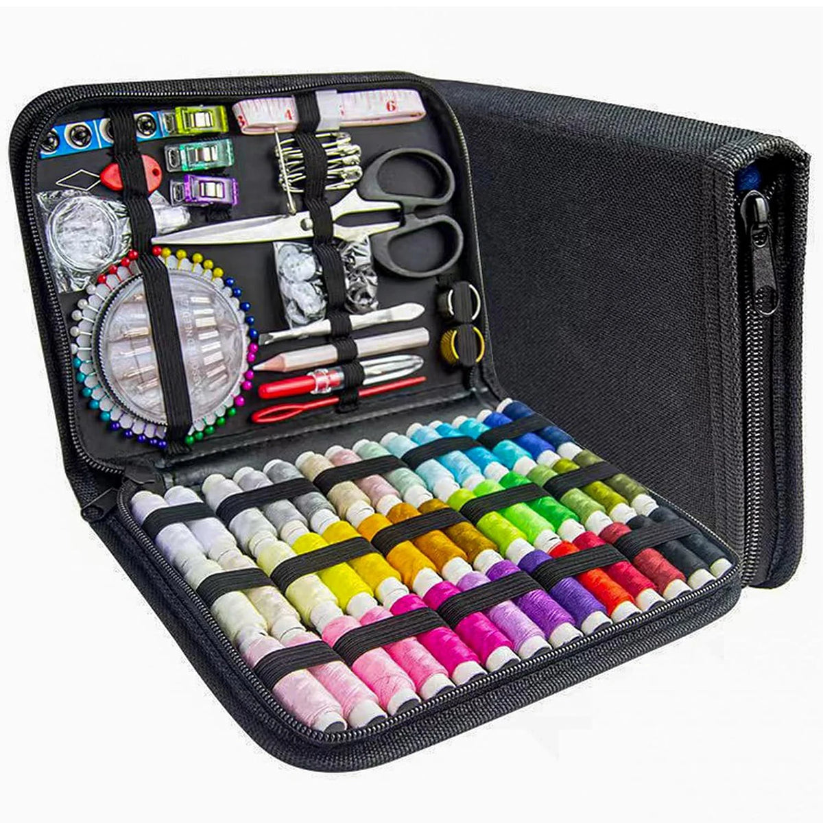 A black portable multi-function sewing kit containing various tools, needles, and colorful threads.