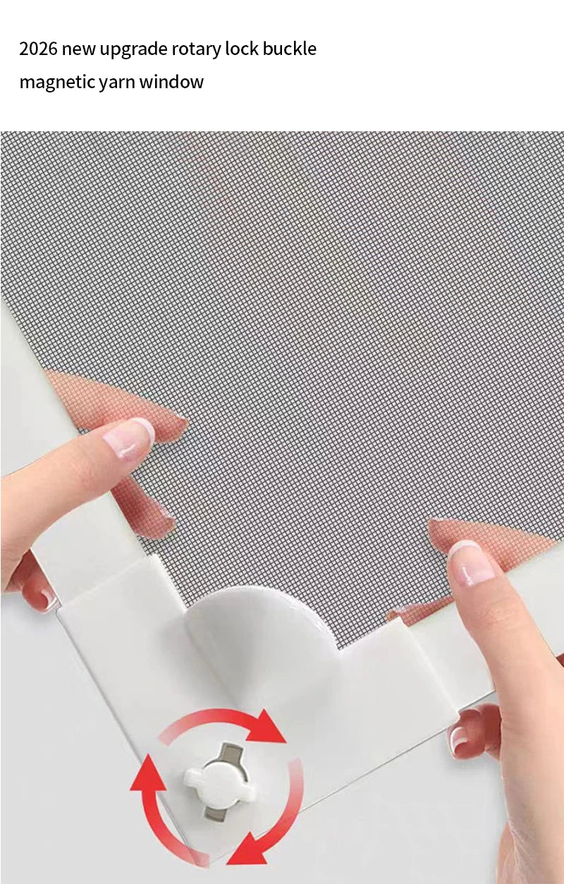 A hand is shown opening a magnetic yarn window, demonstrating the rotary lock buckle mechanism.