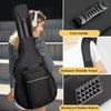 Black acoustic guitar gig bag featuring a front handle, backpack shoulder straps, and shockproof rubber bottom.