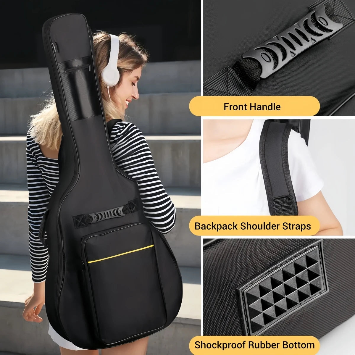 Black acoustic guitar gig bag featuring a front handle, backpack shoulder straps, and shockproof rubber bottom.