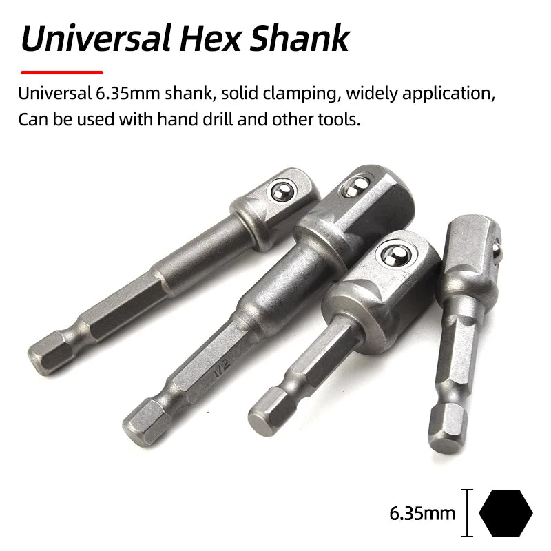 Hex Shank Socket Adapter Set for Power Drills (1/4, 3/8, 1/2 Inch)