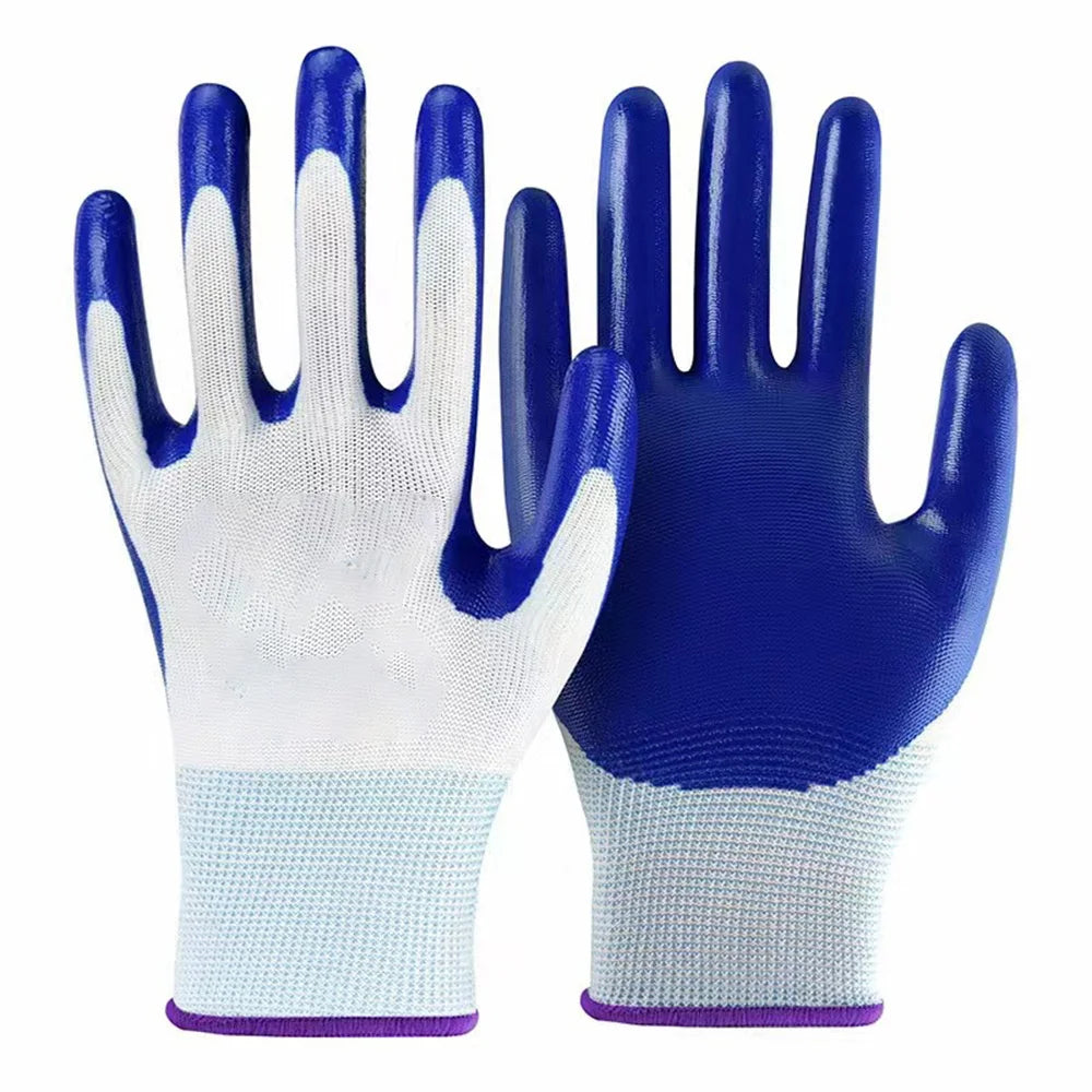 A pair of blue and white nitrile-coated nylon work gloves shown against a white background.