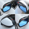 Close-up view of a clear blue universal carbon fiber rain cover for a car side mirror.