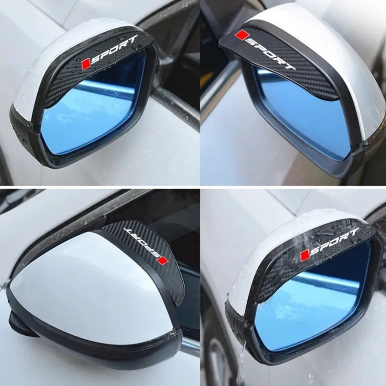 Close-up view of a clear blue universal carbon fiber rain cover for a car side mirror.