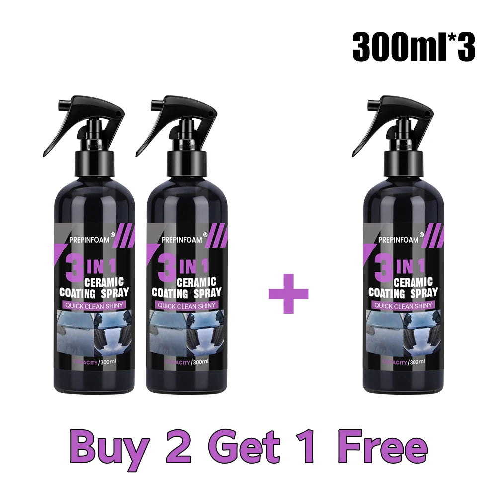 Trois bouteilles de spray de revêtement céramique Prepinfoam pour protection automobile avec une offre achetez-en deux, obten
