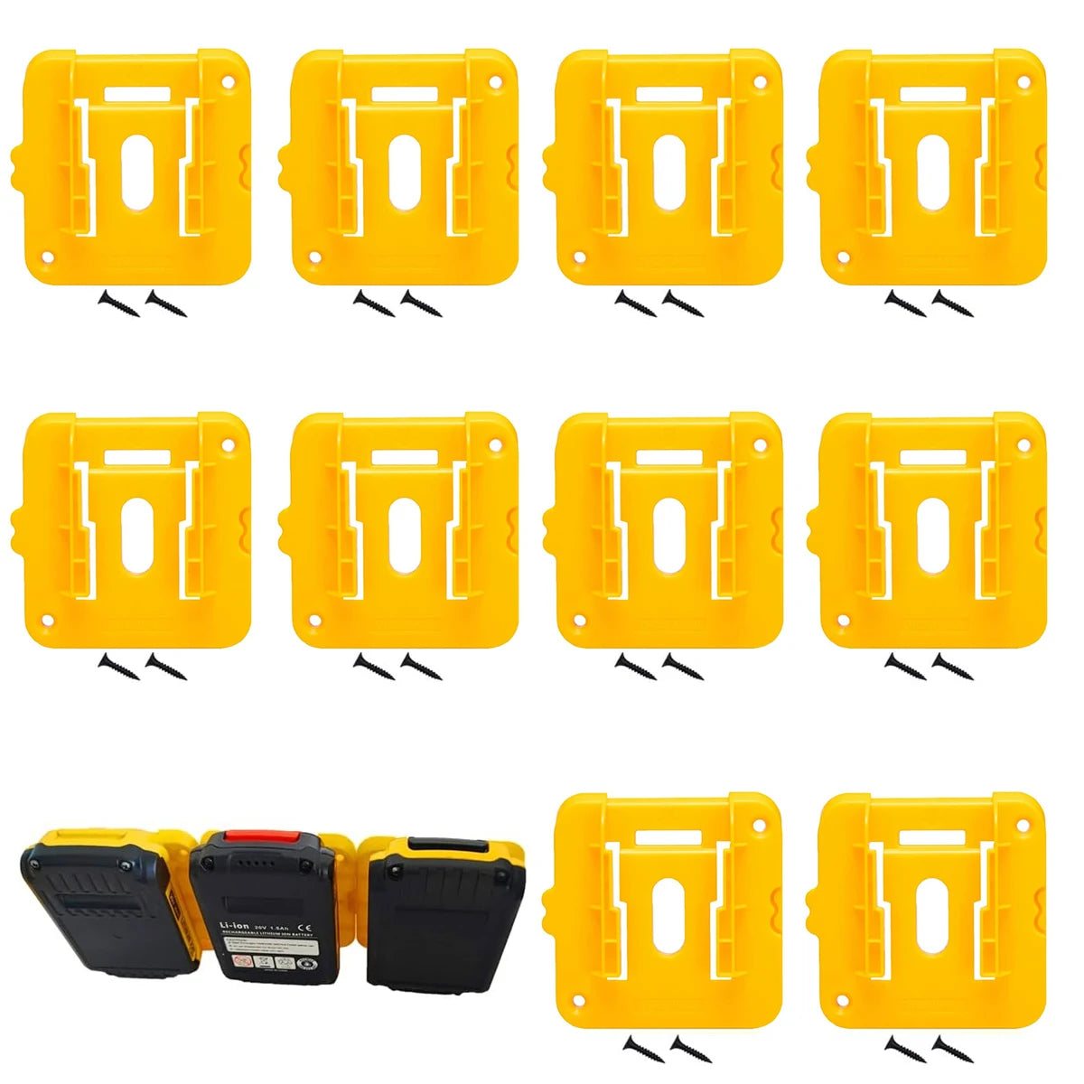 Yellow wall mount battery holder for Dewalt 20V DCB200 and DCB203 batteries
