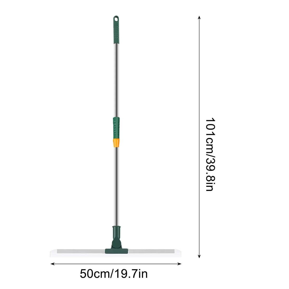 A long floor squeegee with an aluminum handle and a green blade, shown in a vertical view.