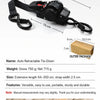 A black auto retractable tie-down strap with a ratchet mechanism is shown next to various dimension measurements.