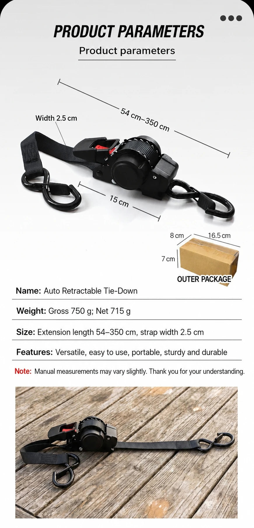 A black auto retractable tie-down strap with a ratchet mechanism is shown next to various dimension measurements.