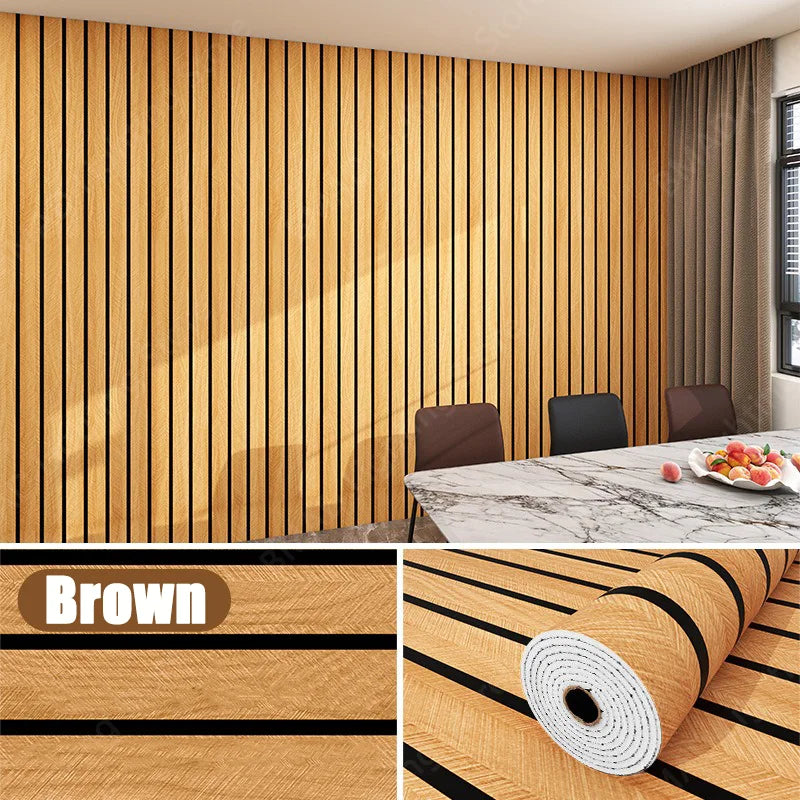 Vertical wood grain wallpaper in brown tones used as a feature wall in a modern living room.