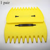 A pair of yellow ergonomic leaf grabber rake tools for garden use.