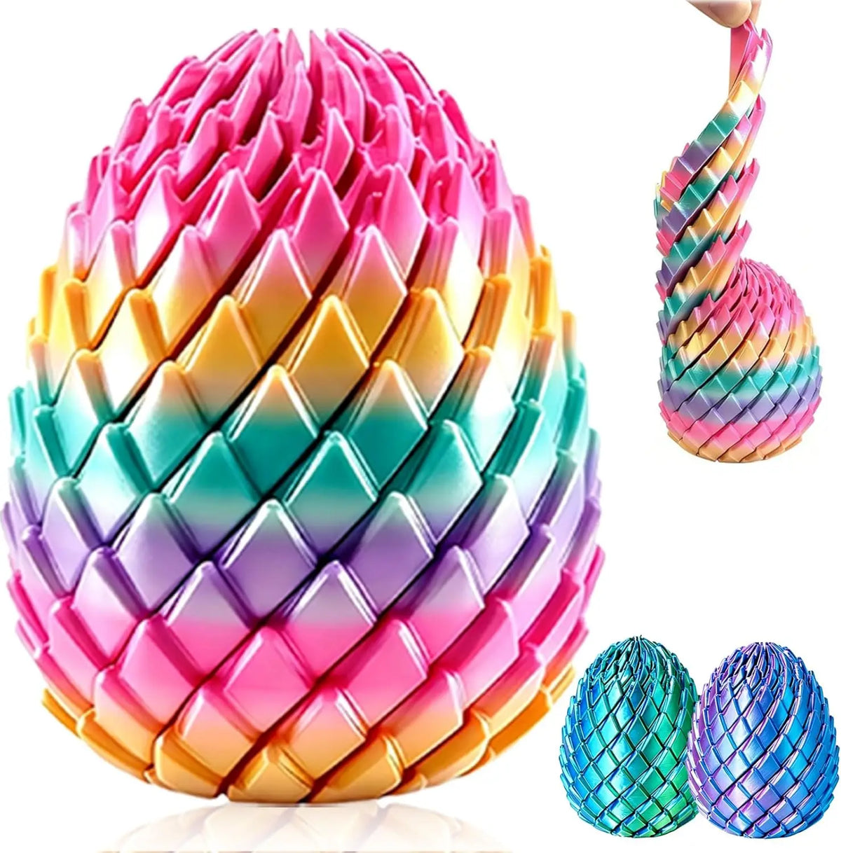 A vibrant, multi-colored twisty fidget egg stress relief toy with a pink and yellow exterior and a spiraled design.