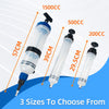 Three sizes of manual oil extractor pumps shown with corresponding capacities 1500CC, 500CC, and 200CC.