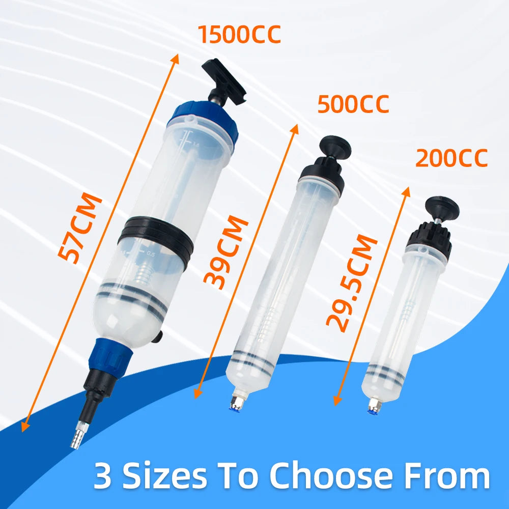 Three sizes of manual oil extractor pumps shown with corresponding capacities 1500CC, 500CC, and 200CC.