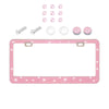 A set of crystal rhinestone license plate frames and mounting hardware for cars.