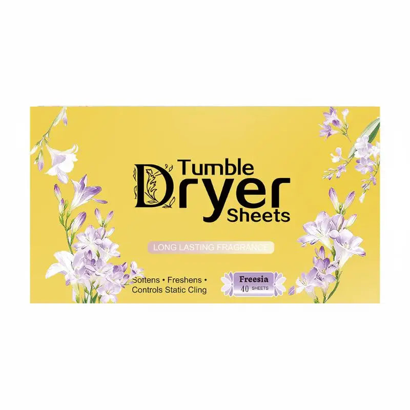 Yellow packaging for Tumble Dryer Sheets featuring purple freesia flowers and text describing softening and anti-static benef