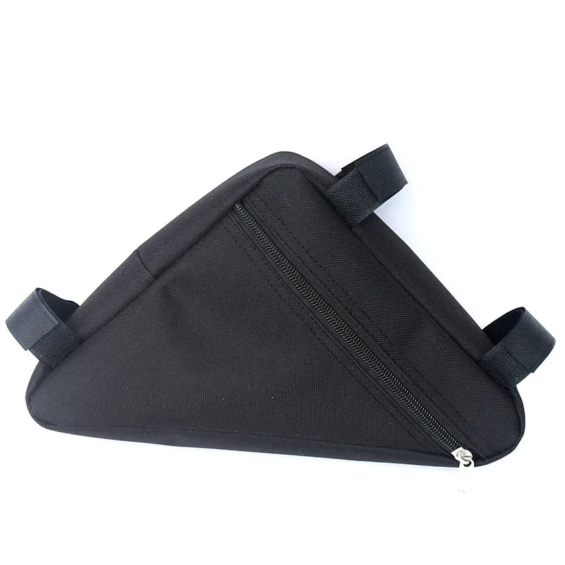 Black waterproof bike frame bag with adjustable velcro straps.