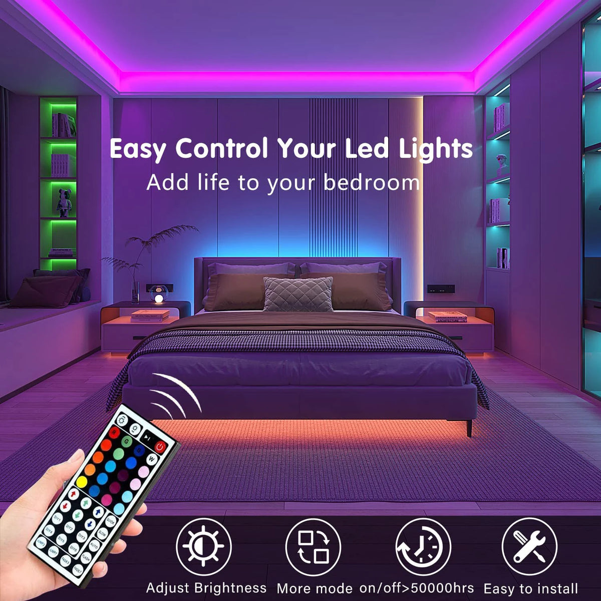 A hand holds an RGB LED strip light remote control in front of a bedroom setup with purple ambient lighting.