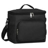 Black insulated canvas lunch bag with adjustable strap and zippered compartments