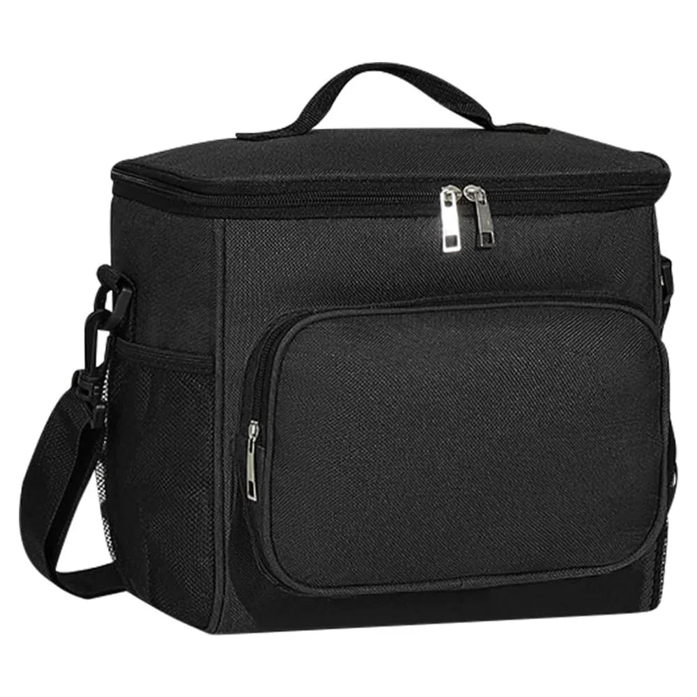 Black insulated canvas lunch bag with adjustable strap and zippered compartments