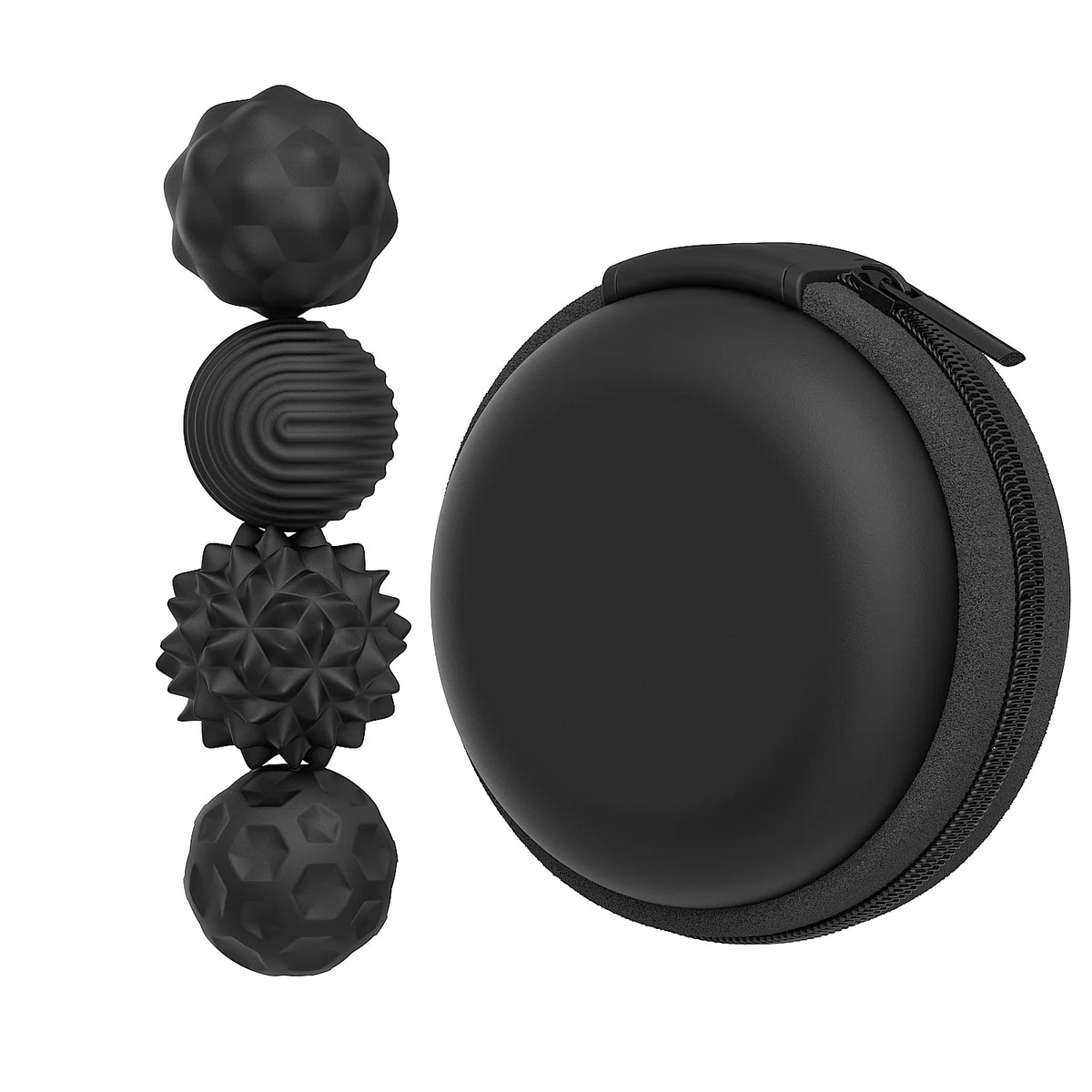 A set of five black magnetic silicone sensory balls stacked vertically.