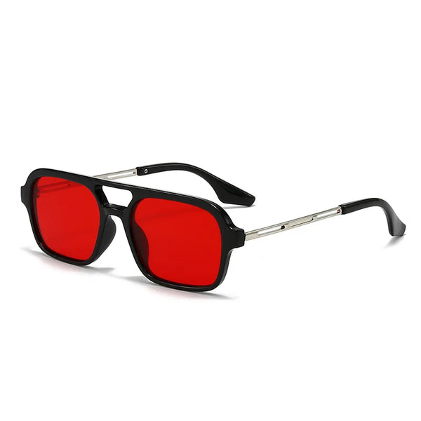 A pair of vintage metal square sunglasses with red lenses and black frames.