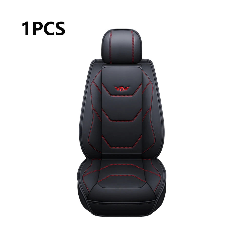 A single black leather car seat cover featuring red stitching and an emblem, designed for universal fit.