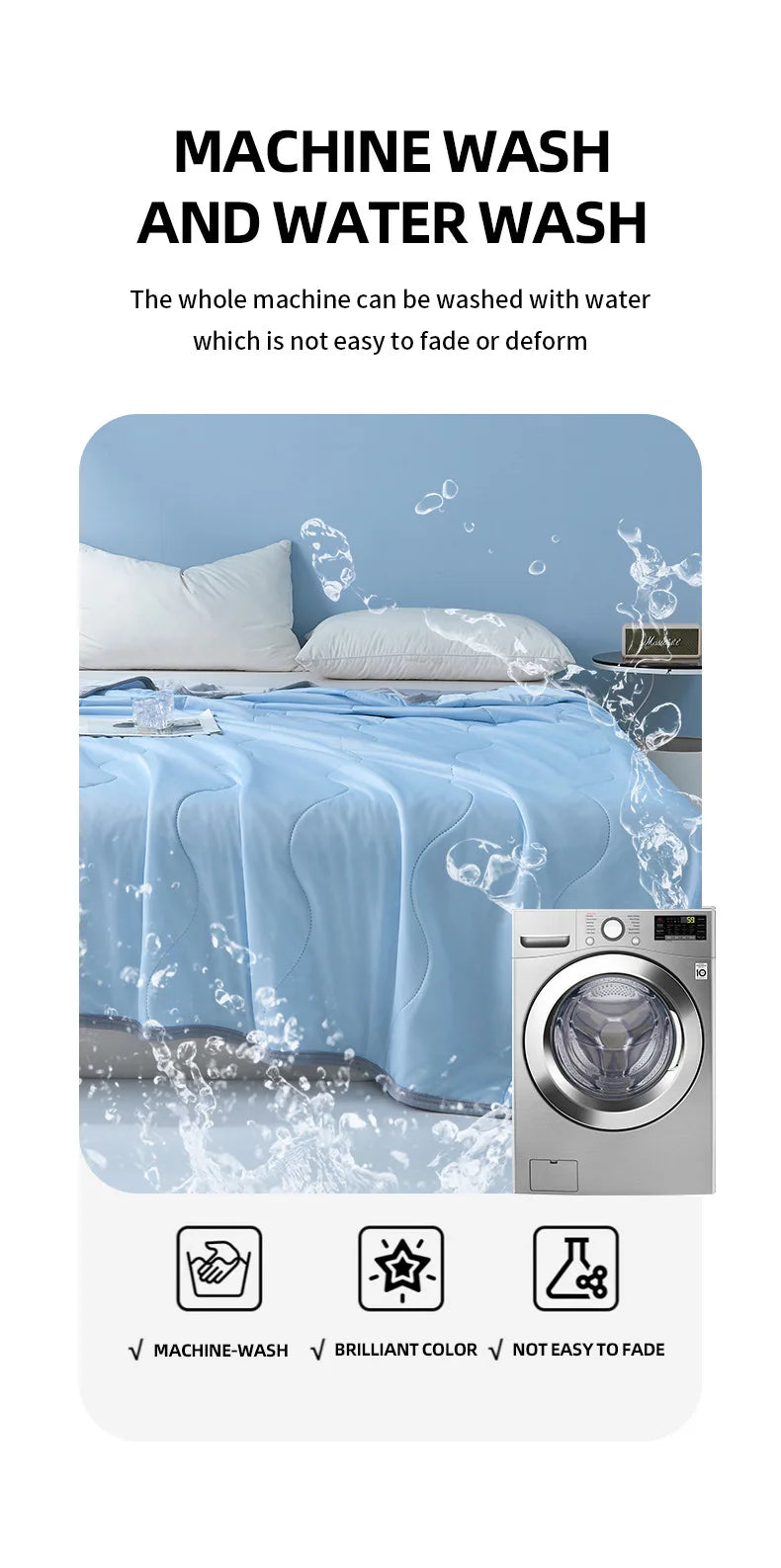 A light blue quilt being washed in a machine, emphasizing its durability and colorfastness.