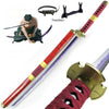 A Roronoa Zoro 41-inch katana cosplay sword with a red hilt and gold guard, shown alongside accessories.