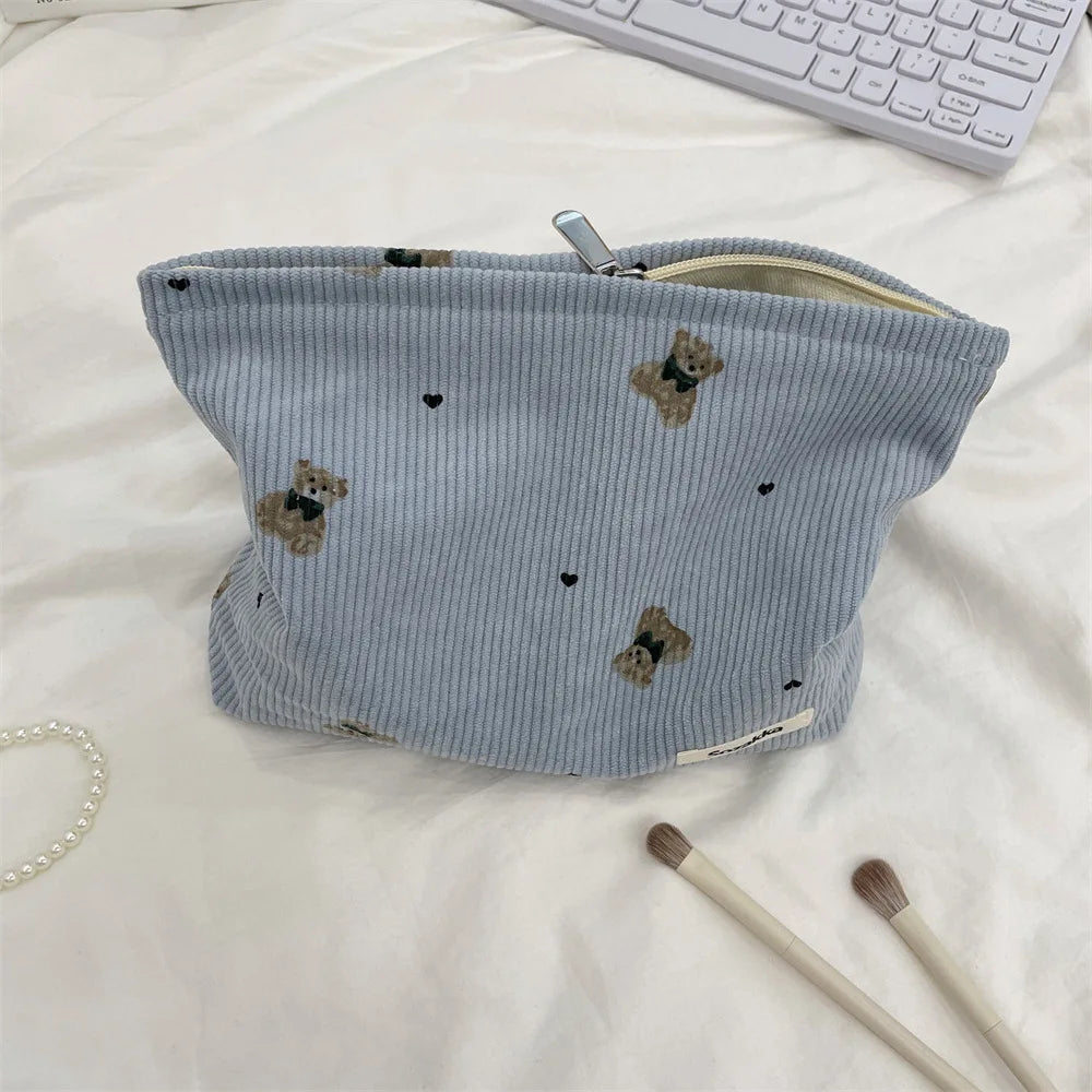 Corduroy Bear Print Makeup Bag – Large Capacity Cosmetic Organizer