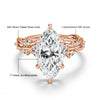 A delicate rose gold engagement ring featuring a marquise cut moissanite stone and accent diamonds.