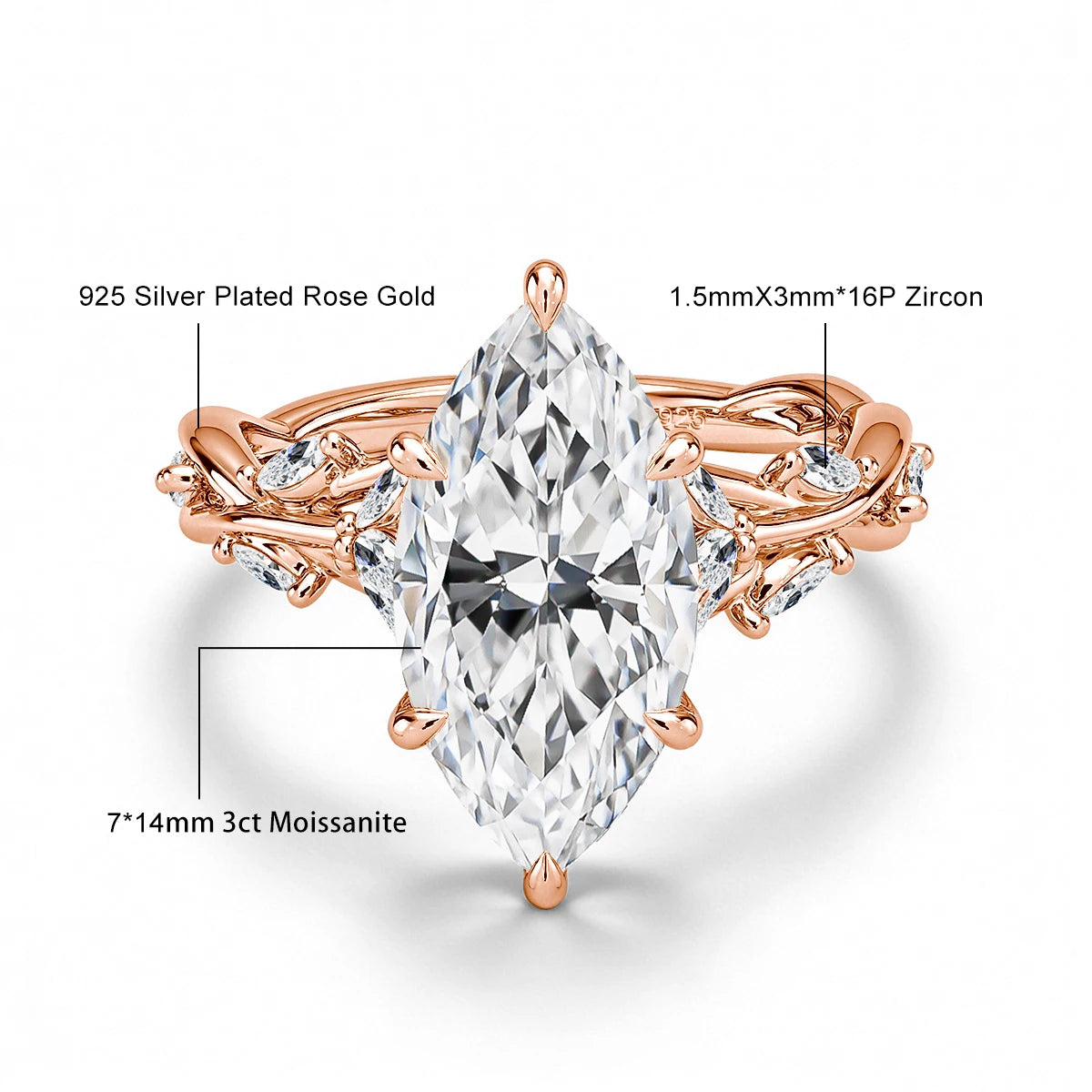 A delicate rose gold engagement ring featuring a marquise cut moissanite stone and accent diamonds.