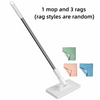 A white flat mop with a long handle and a base, accompanied by three colorful reusable rags.
