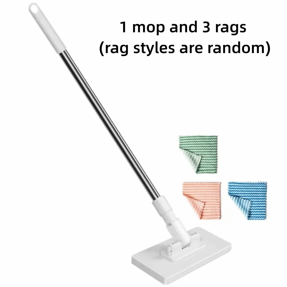 A white flat mop with a long handle and a base, accompanied by three colorful reusable rags.
