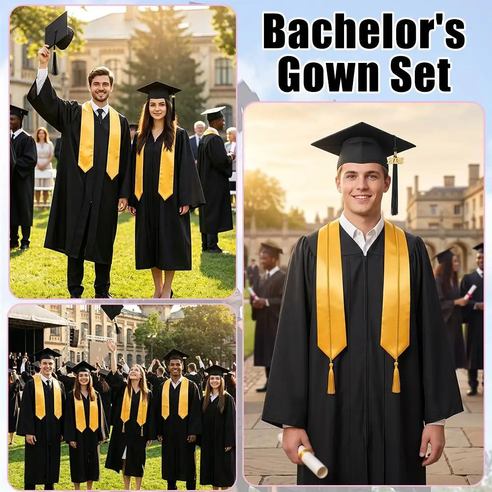 A male graduate in a black gown and yellow hood stands next to a female graduate in a black gown and yellow hood.