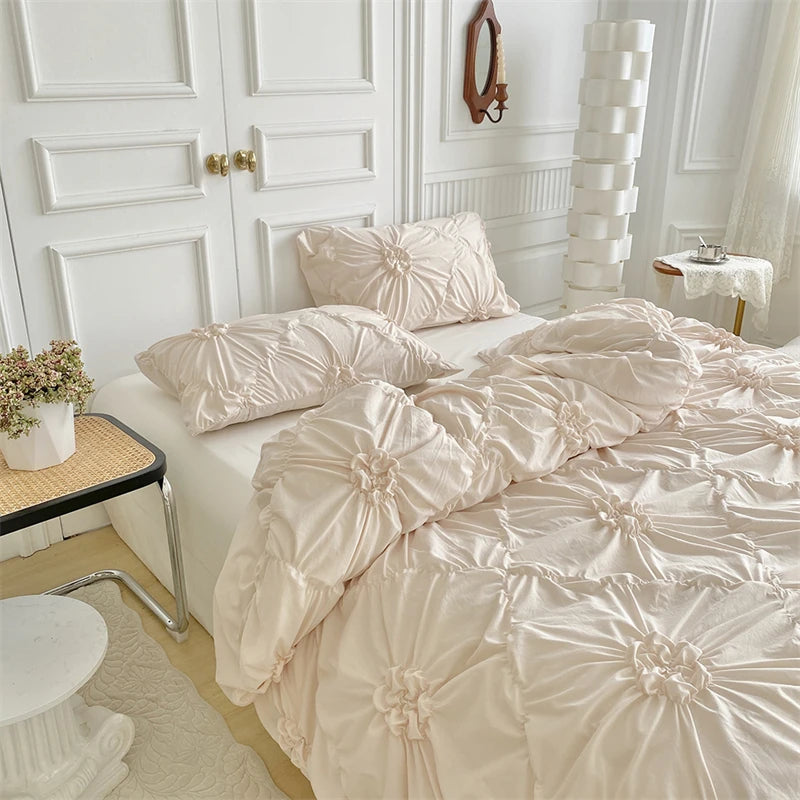 Beige Three-Dimensional Floral Duvet Cover Set